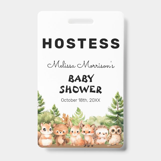 Badge Hôtesse de baby shower thème bois et garçon (Avant)