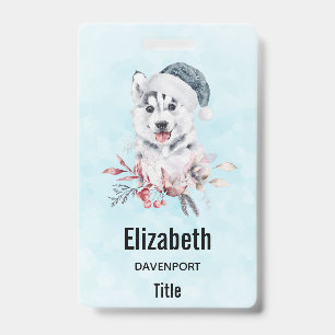 Badge Husky de Noël avec un chapeau de Père Noël