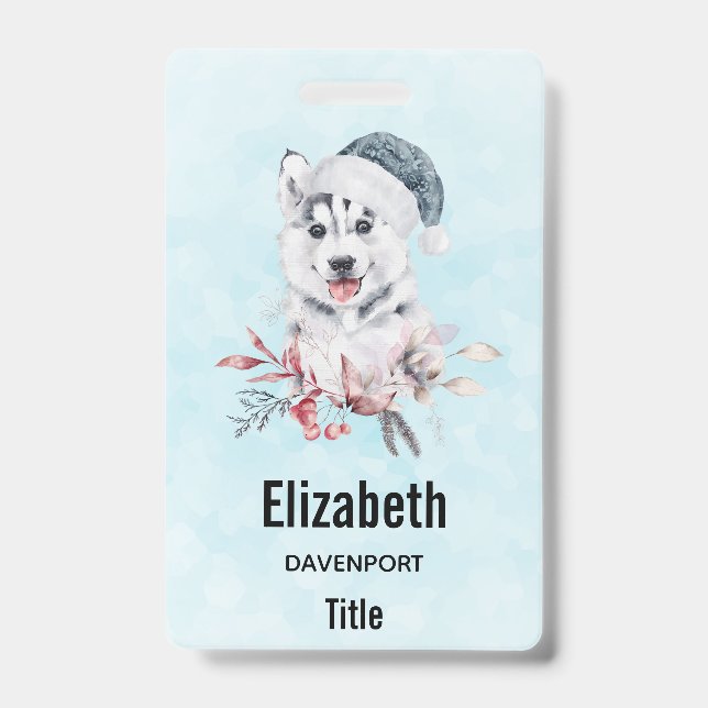 Badge Husky de Noël avec un chapeau de Père Noël (Avant)