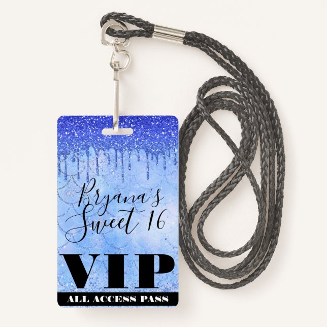 Badge Icy Blue Parties scintillant Drip Mermaid Sweet 16 (Devant avec lanière)