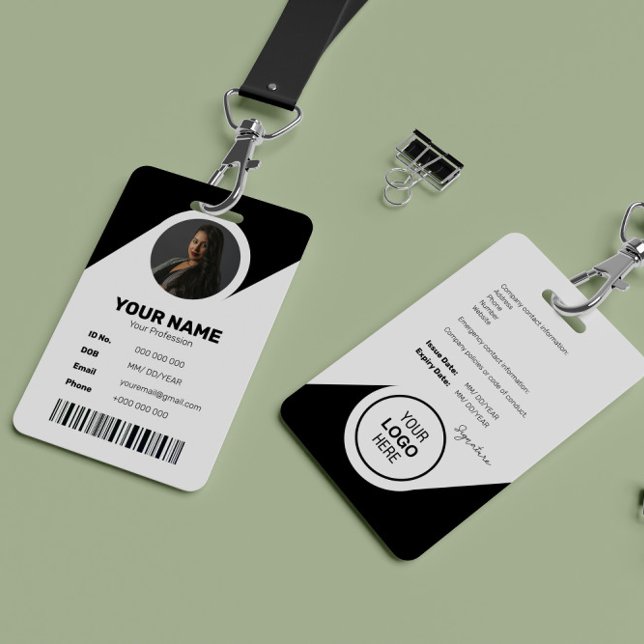 Badge ID Code-Barres Photo Employé Noir Moderne Minimali (Créateur téléchargé)