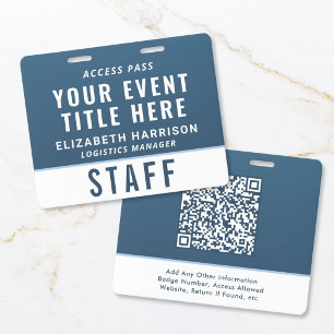 Badge ID d'accès à l'événement bleu avec code QR moderne