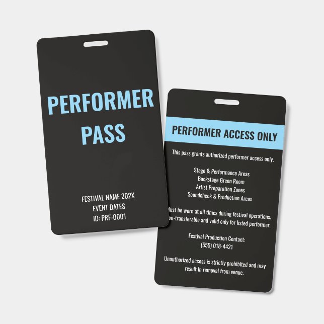 Badge ID de concert d'accès pour artiste interprète pers (Avant & arrière)