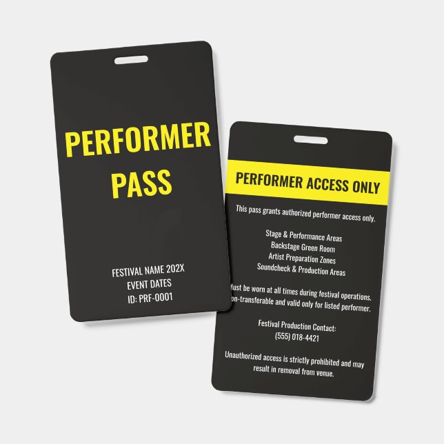 Badge ID de concert d'accès pour artiste interprète pers (Avant & arrière)