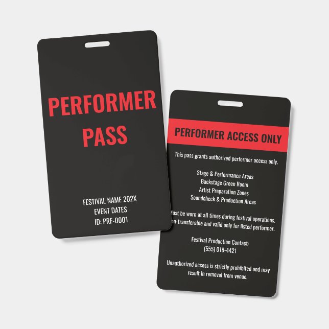 Badge ID de concert d'accès pour artiste interprète pers (Avant & arrière)