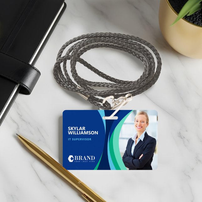 Badge ID de l'entreprise & Logo Couleur Bleu Design Flui (Company ID & Logo Colorful Blue Flowing Design Badge)