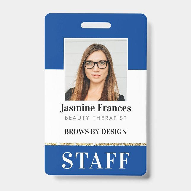 Badge ID de personnel moderne photo chic design bleu (Avant)