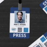 Badge ID de presse Navy Blue 3 Logos<br><div class="desc">Badge ID vertical de presse avec des détails bleu marine que vous pouvez personnaliser avec trois logos et une photo. Badge ID de presse en blanc et bleu marine avec de la place pour trois logos.</div>