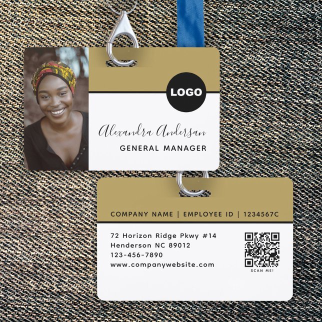 Badge ID de société d'employé Photo Logo Code QR Noir Or (Employee Company ID Photo Logo QR Code Black Gold Badge)