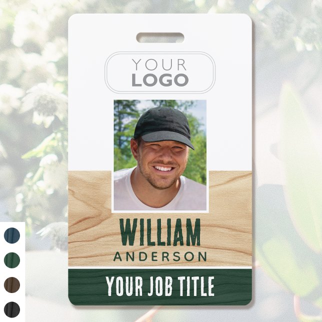 Badge ID d'employé rustique Nom Logo Photo Bois vert (Créateur téléchargé)