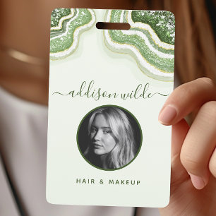 Badge ID Luxe en Géode d'Agate Pailletée Vert Emer