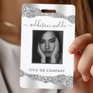 Badge ID Paillettes Argent Diamants Glam Élégant
