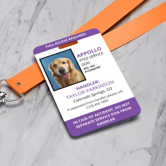 Badge ID photo de chien de service blanc pourpre (Créateur téléchargé)