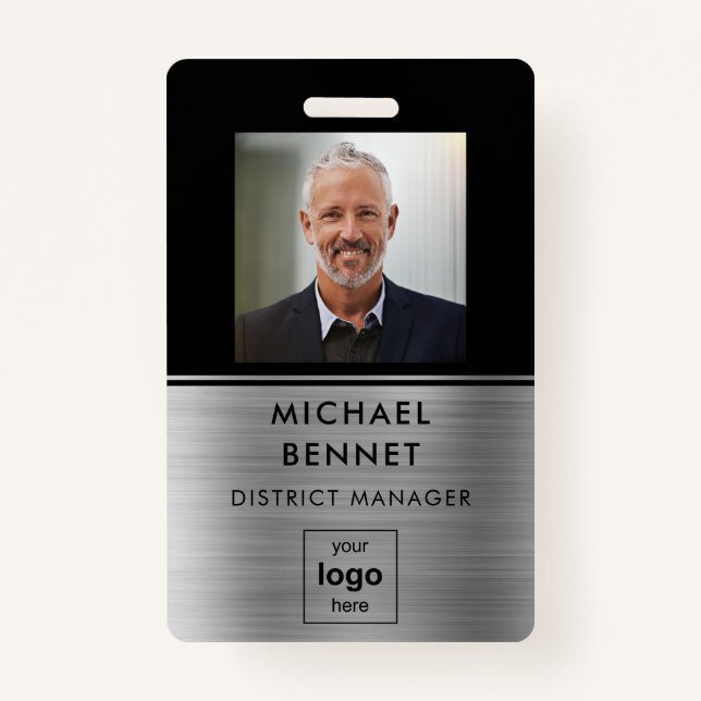 Badge ID photo de l'employé noir d'argent moderne (Devant)