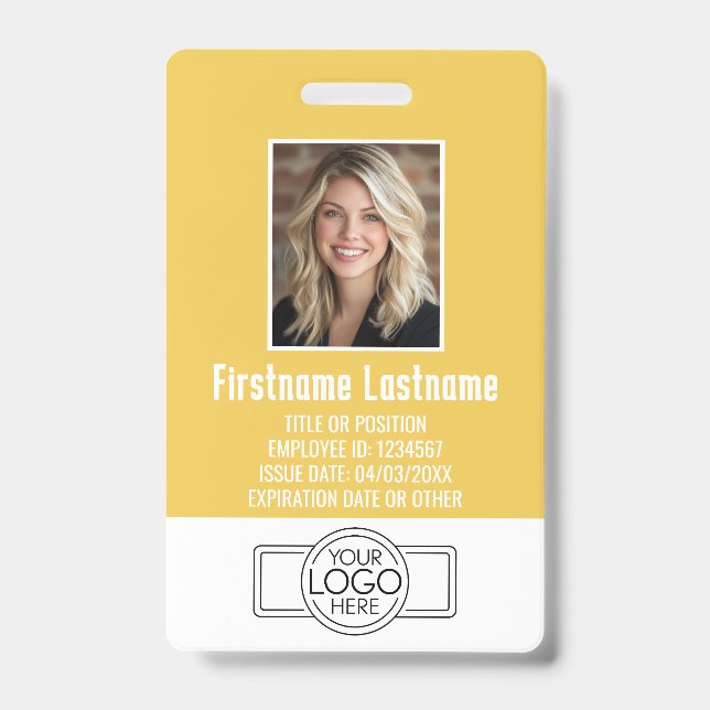 Badge ID photo employé moderne jaune, logo professionnel (Face)