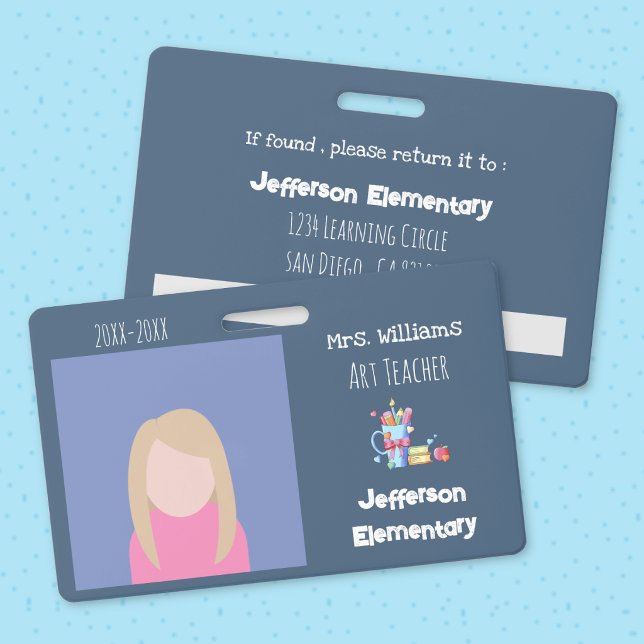 Badge ID photo horizontal bleu pour professeur d'a (Art Teacher Blue Horizontal Photo ID Badge .)