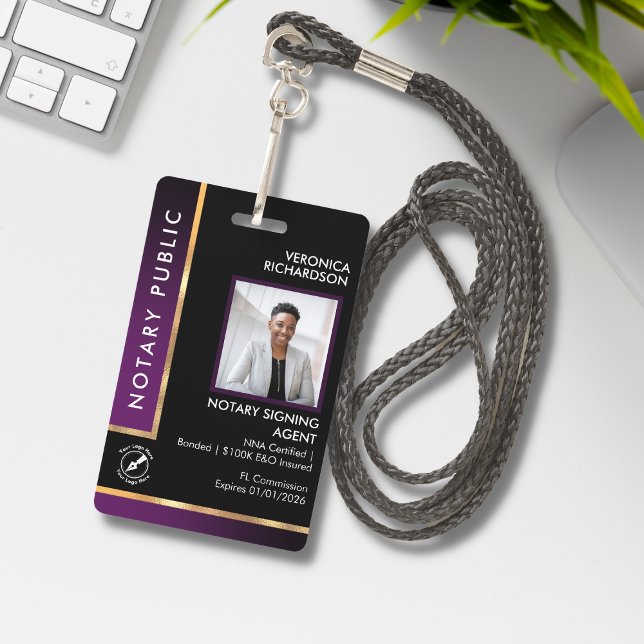 Badge ID photo Noir & Violet QR professionnel (Créateur téléchargé)