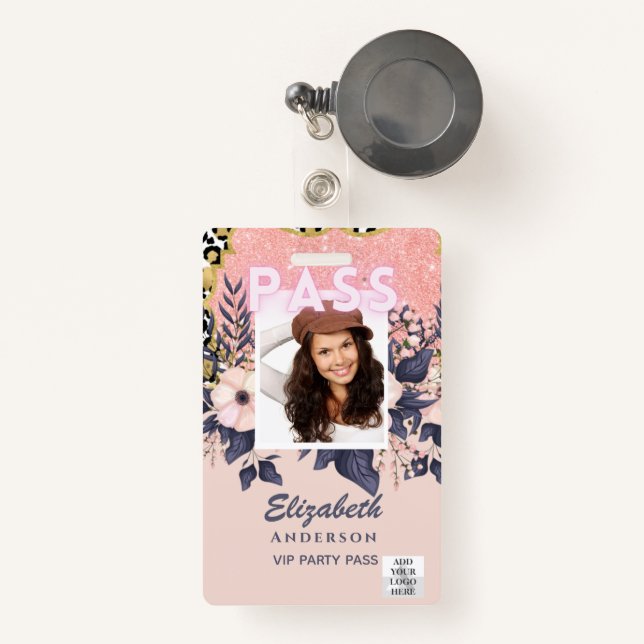Badge ID photo PASS - Fleurs Filles Parties scintillant  (Front with Retractable)