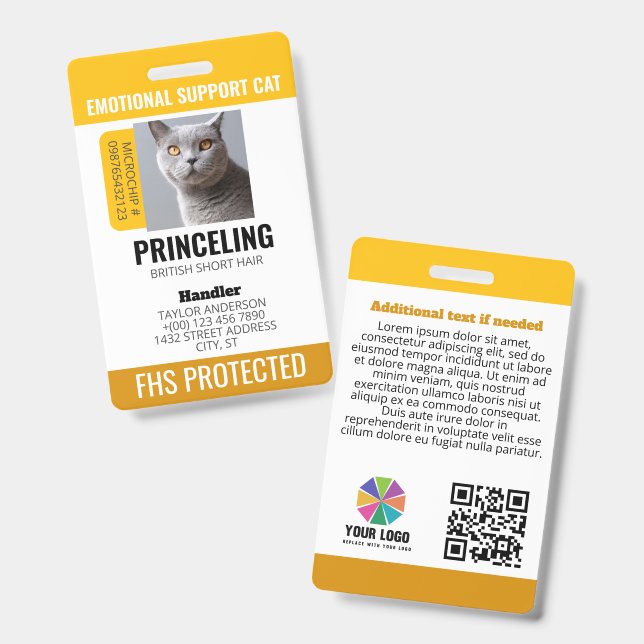 Badge Identifiant de chat de soutien émotionnel jaune (Avant & arrière)