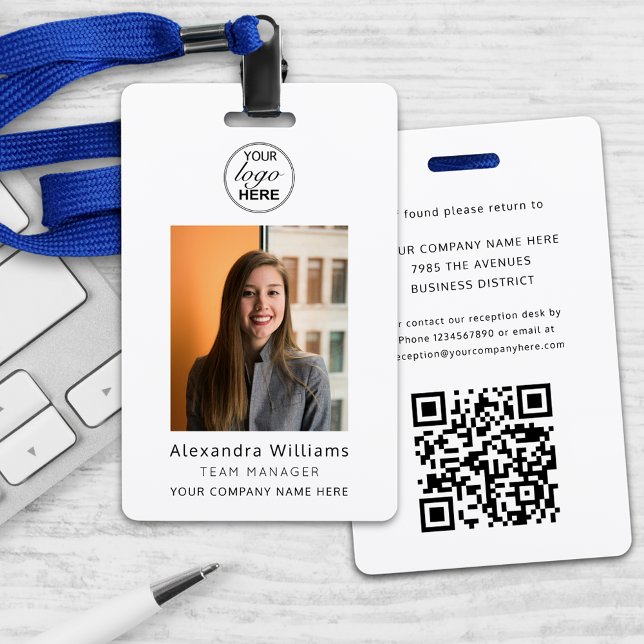 Badge Identifiant de l'employé Logo de l'entreprise Code (Personalized employee photo ID company your logo here & qr code security badge lanyard Black & white)