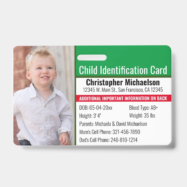 Badge Identifiant de l'enfant Allergie d'urgence Identif (Avant)
