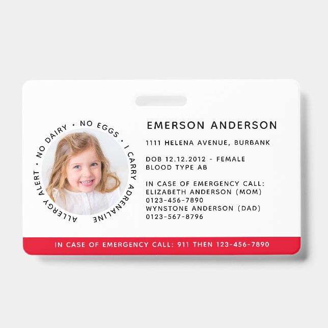 Badge Identification de l'enfant Alerte d'allergie ID d' (Avant)