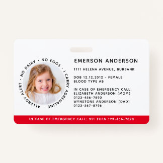 Badge Identification de l'enfant Alerte d'allergie ID d'