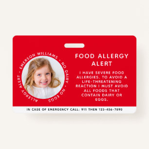 Badge Identification de l'enfant Alerte d'allergie ID d'