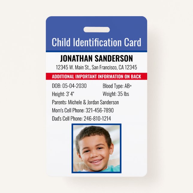 Badge Identification de l'enfant Identifiant d'urgence A (Devant)