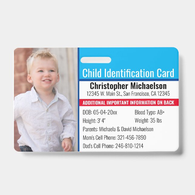 Badge Identification de l'enfant Photo d'urgence d'aller (Avant)