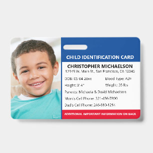 Badge Identification de l'enfant Photo d'urgence en cas