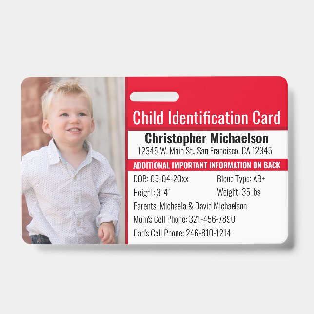 Badge Identification de l'enfant Photo d'urgence en cas  (Avant)