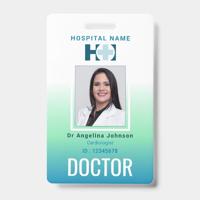 Badge Identification du médecin Bleu Vert Nom et Photo I (Avant)