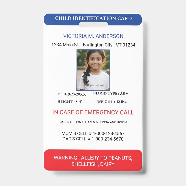 Badge Identification Photo Simple d'Urgence pour Enfant (Avant)