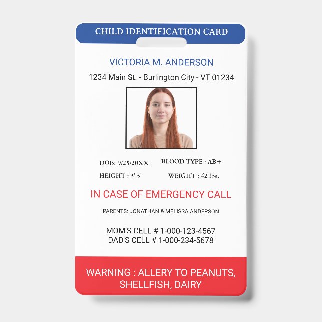 Badge Identification Photo Simple d'Urgence pour Enfant (Avant)
