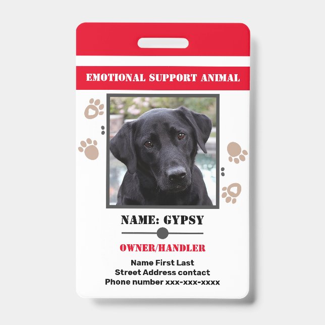 Badge Identité d'animal de soutien émotionnel avec une p (Avant)
