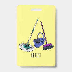 Badge Illustration de dessin animé balai et serpillière