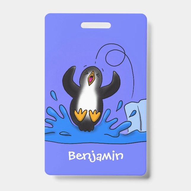 Badge Illustration de dessin animé de manchot sautant he (Avant)