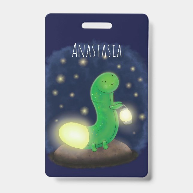 Badge Illustration de dessin animé de ver luisant vert m (Avant)
