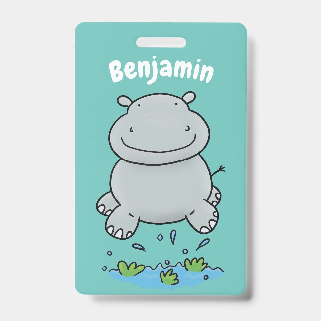 Badge Illustration de dessin animé d'un hippopotame mign (Avant)