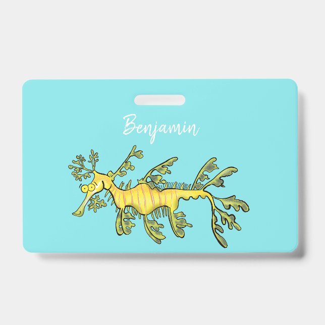 Badge Illustration de dragon marin feuillu mignon et drô (Avant)
