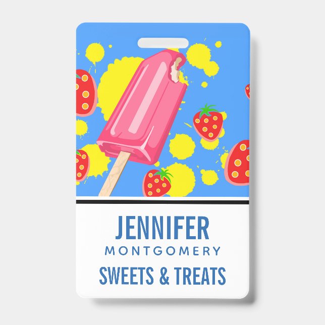 Badge Illustration d'un bâtonnet glacé rose et de fraise (Avant)