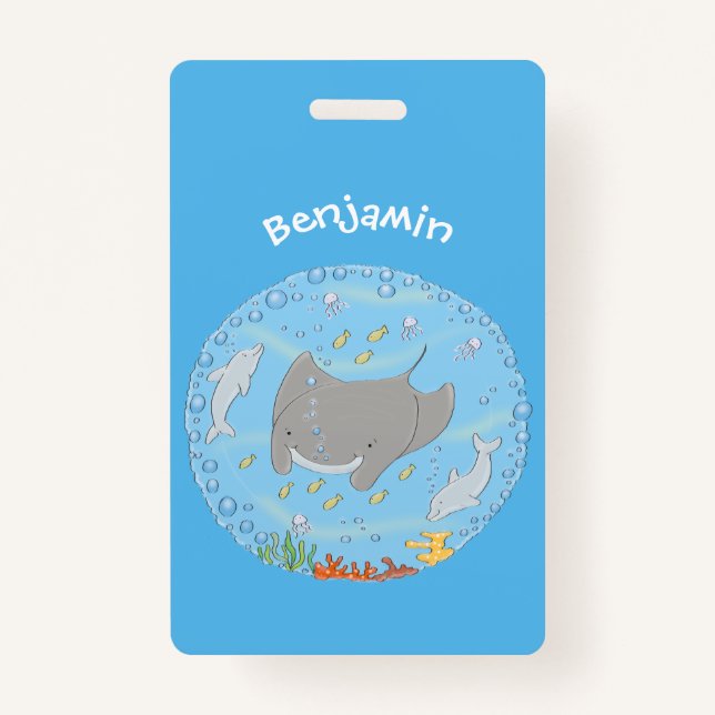 Badge Illustration d'une mignonne raie manta et de bulle (Devant)