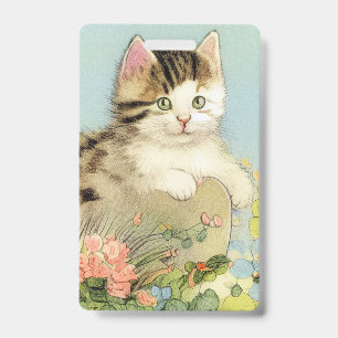 Badge Illustration vintage de chat avec fleurs roses
