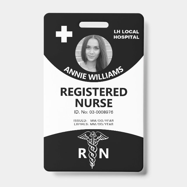 Badge Infirmière autorisée caduceus noir, blanc id photo (Avant)