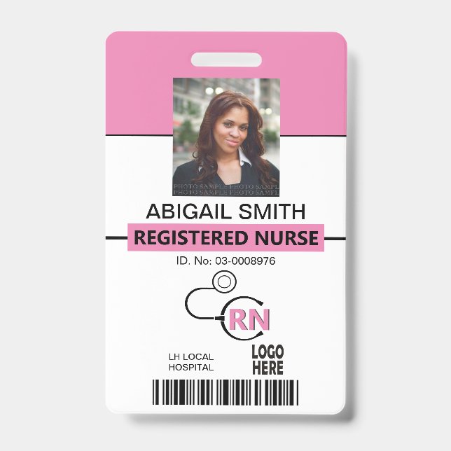 Badge infirmière autorisée RN modèle photo rose (Avant)