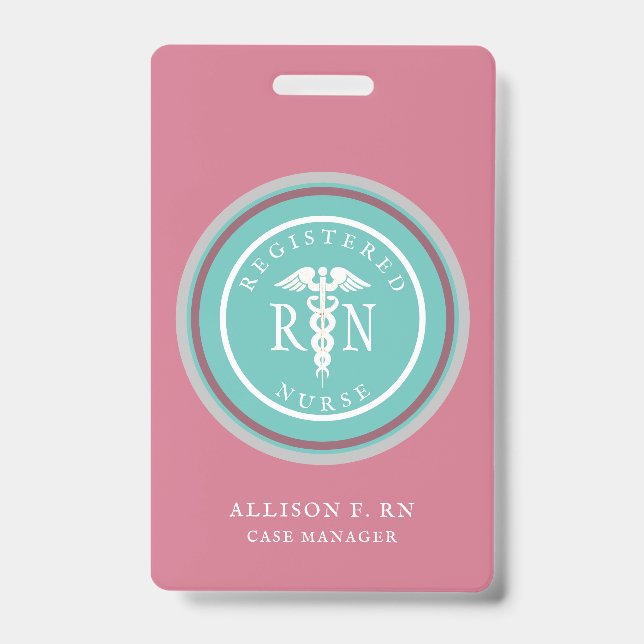 Badge Infirmière diplômée IR rose moderne nom médical (Avant)
