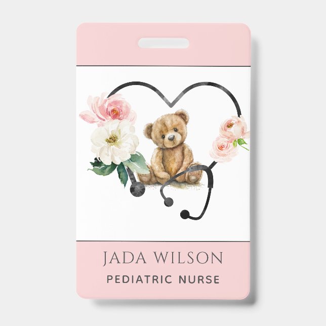 Badge Infirmière pédiatrique Teddy Ours Floral Stethosco (Avant)