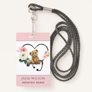 Badge Infirmière pédiatrique Teddy Ours Floral Stethosco