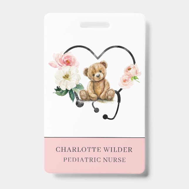 Badge Infirmière pédiatrique Teddy Ours Floral Stethosco (Avant)